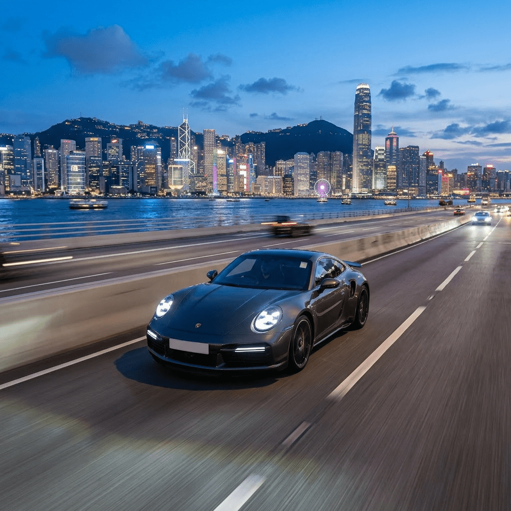 Luxury black Mercedes-Benz sedan parked near waterfront with Hong Kong cityscape illuminated at twilight
